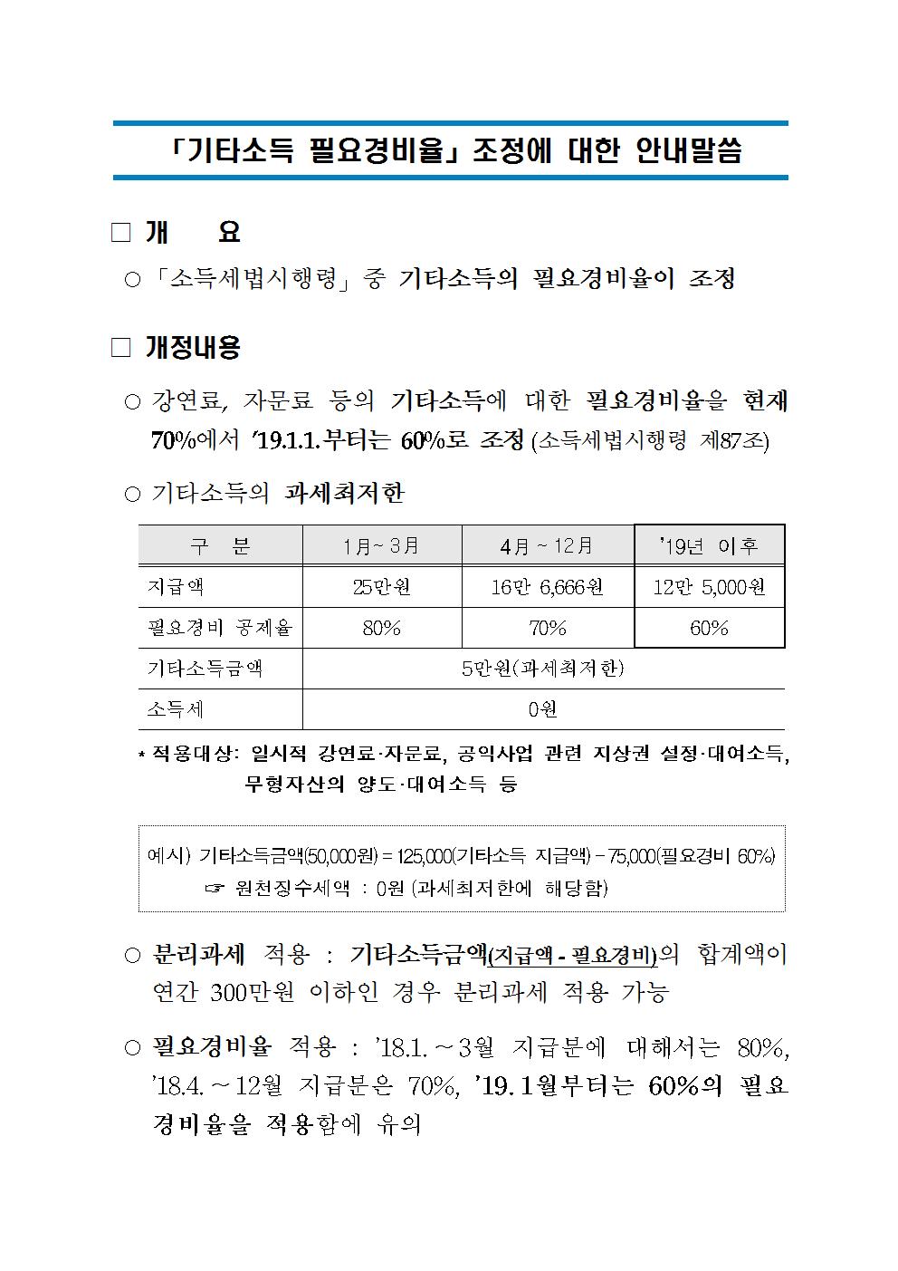 기타소득 필요경비율 조정 안내(홈페이지 공지)001